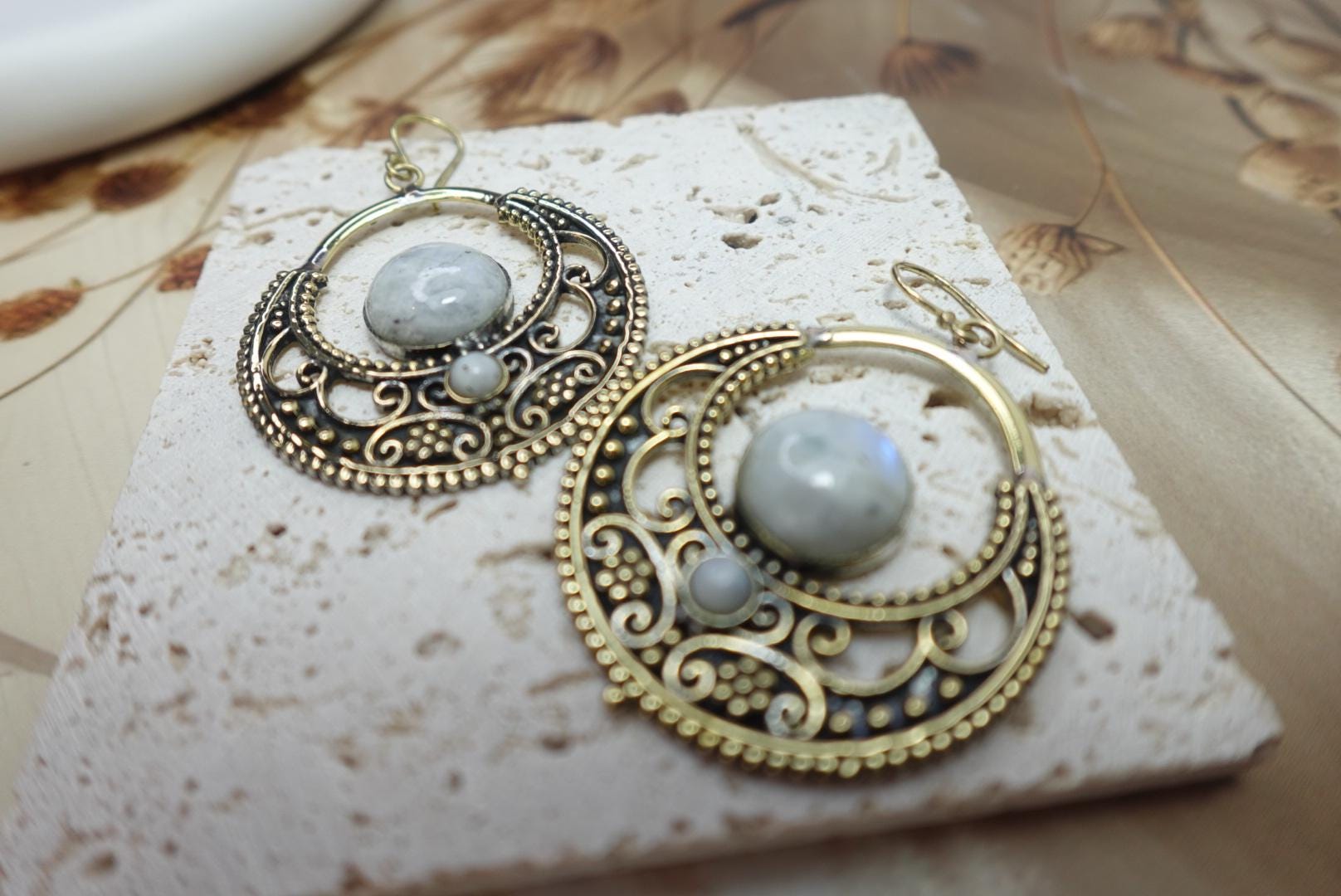 Crescent Filigree Hoop Earrings with Natural Stone