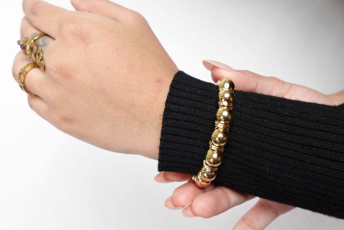 Beaded Orb Adjustable Brass and Silver Cuff