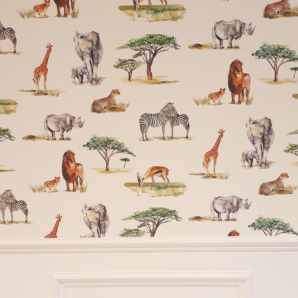 Safari Animals Hand Designed Children's Wallpaper in Blue, Cream and Grey