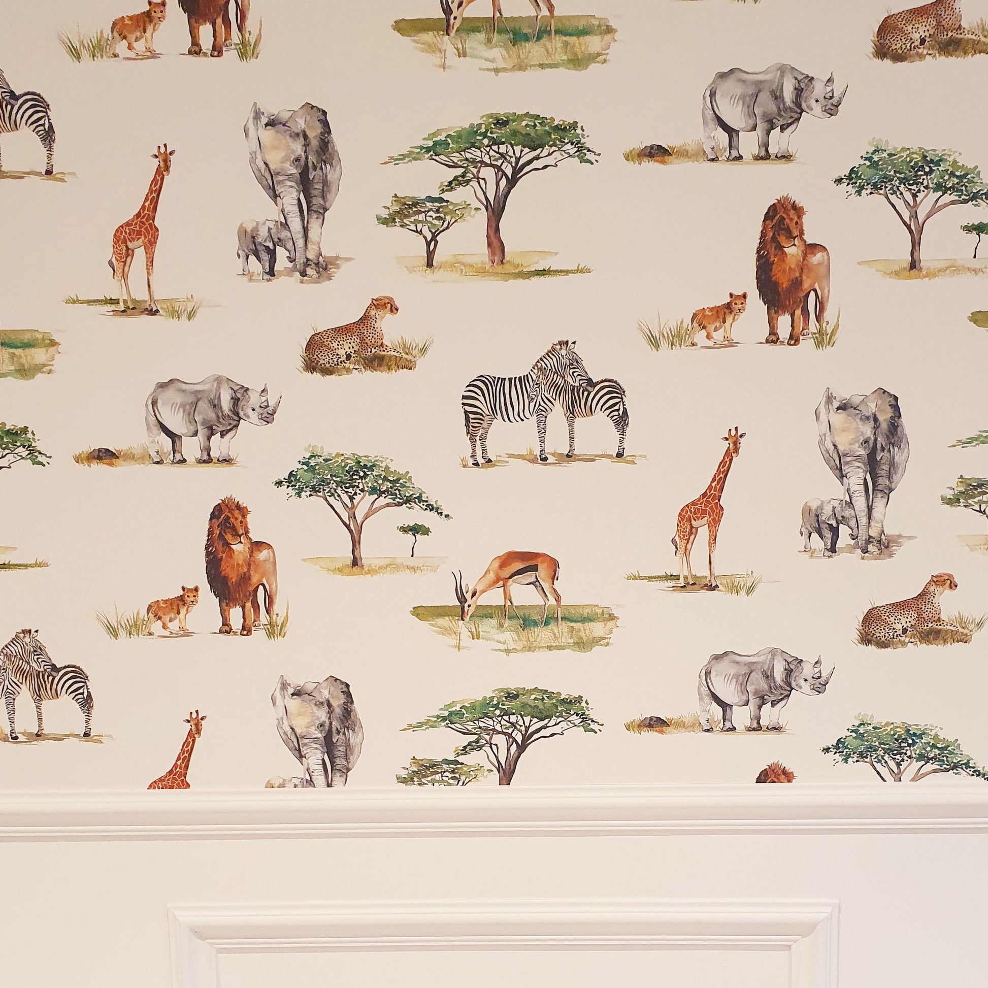 Safari Animals Hand Designed Children's Wallpaper in Blue, Cream and Grey