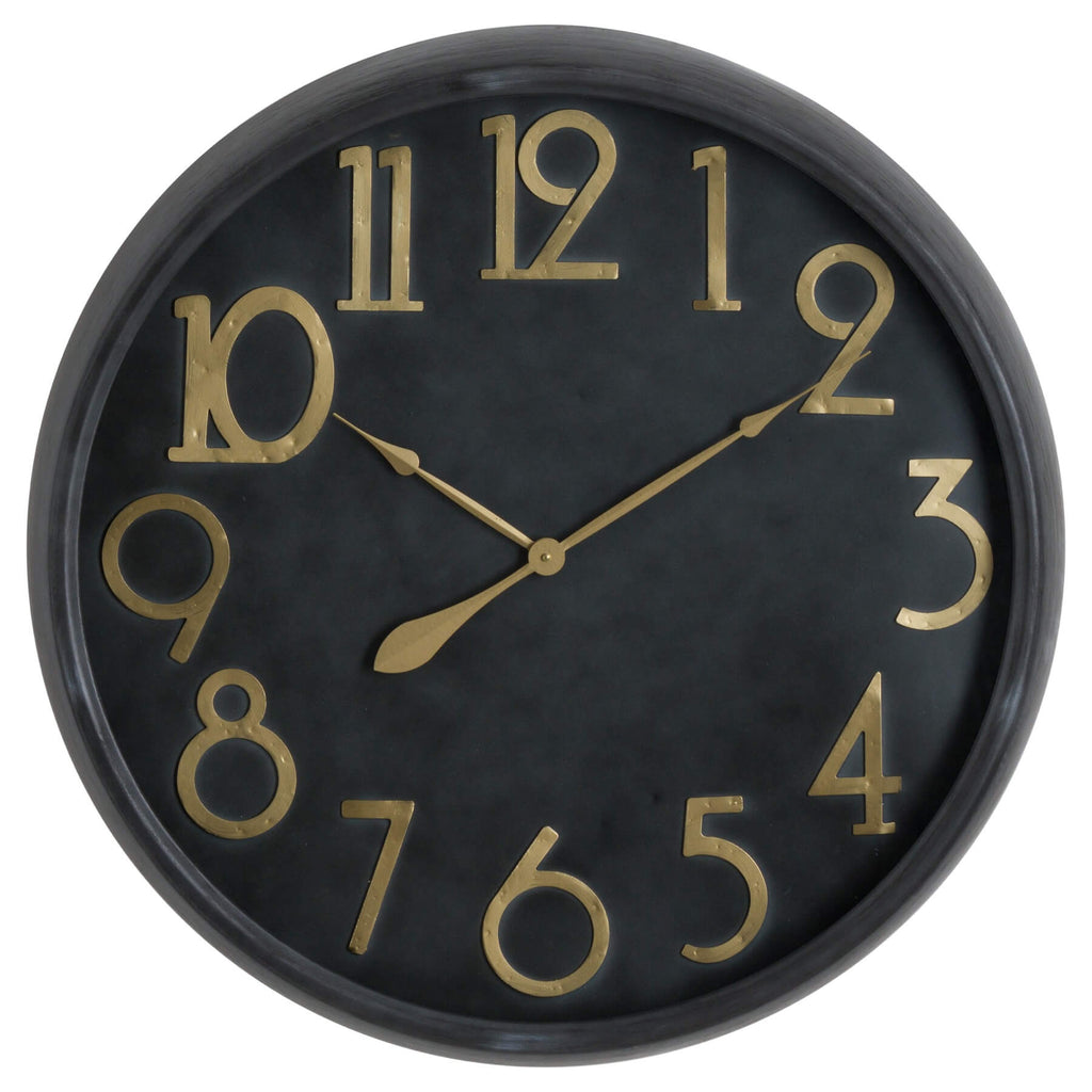 Retro-modern wall clock with brass numerals on black glass face, 80cm diameter, vintage-inspired statement piece by sostter at brixbailey.com