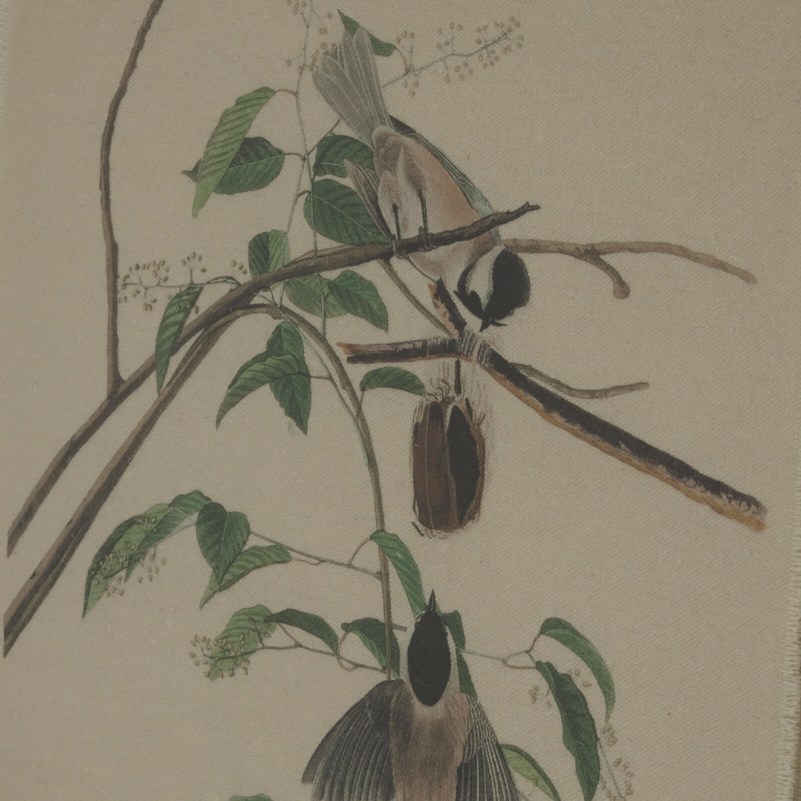 Linen chickadee artwork with beaded wooden frame in earthy brown tones, glass-fronted for home dÃ©cor by sostter at brixbailey.com