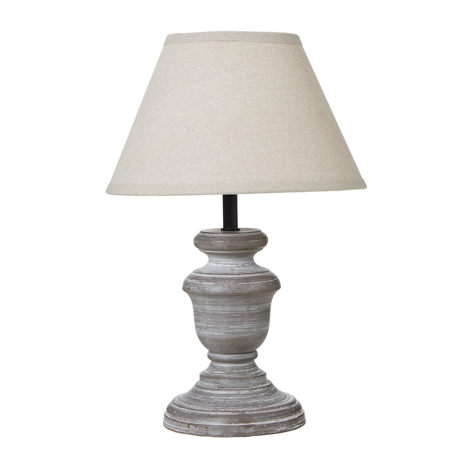 Belluno Urn Table Lamp with distressed wood base and linen shade in warm grey, rustic home decor lighting by Sostter at brixbailey.com