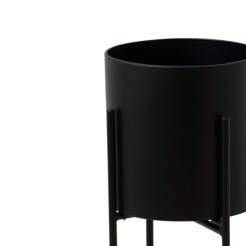 Matte black metal cylindrical planter with geometric base, 84cm tall, modern home decor for plants by RoomLondon at brixbailey.com