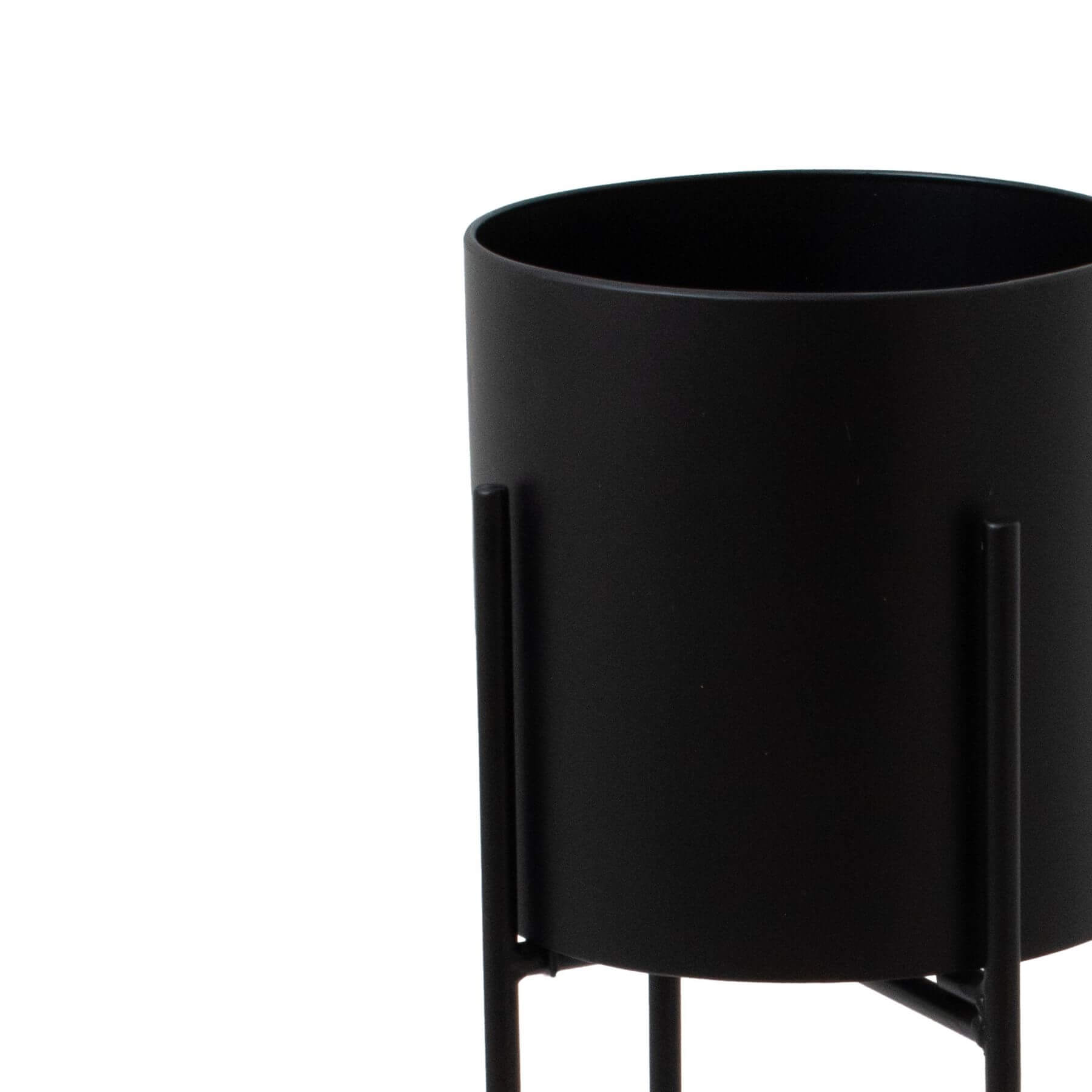 Matte black metal cylindrical planter with geometric base, 84cm tall, modern home decor for plants by RoomLondon at brixbailey.com