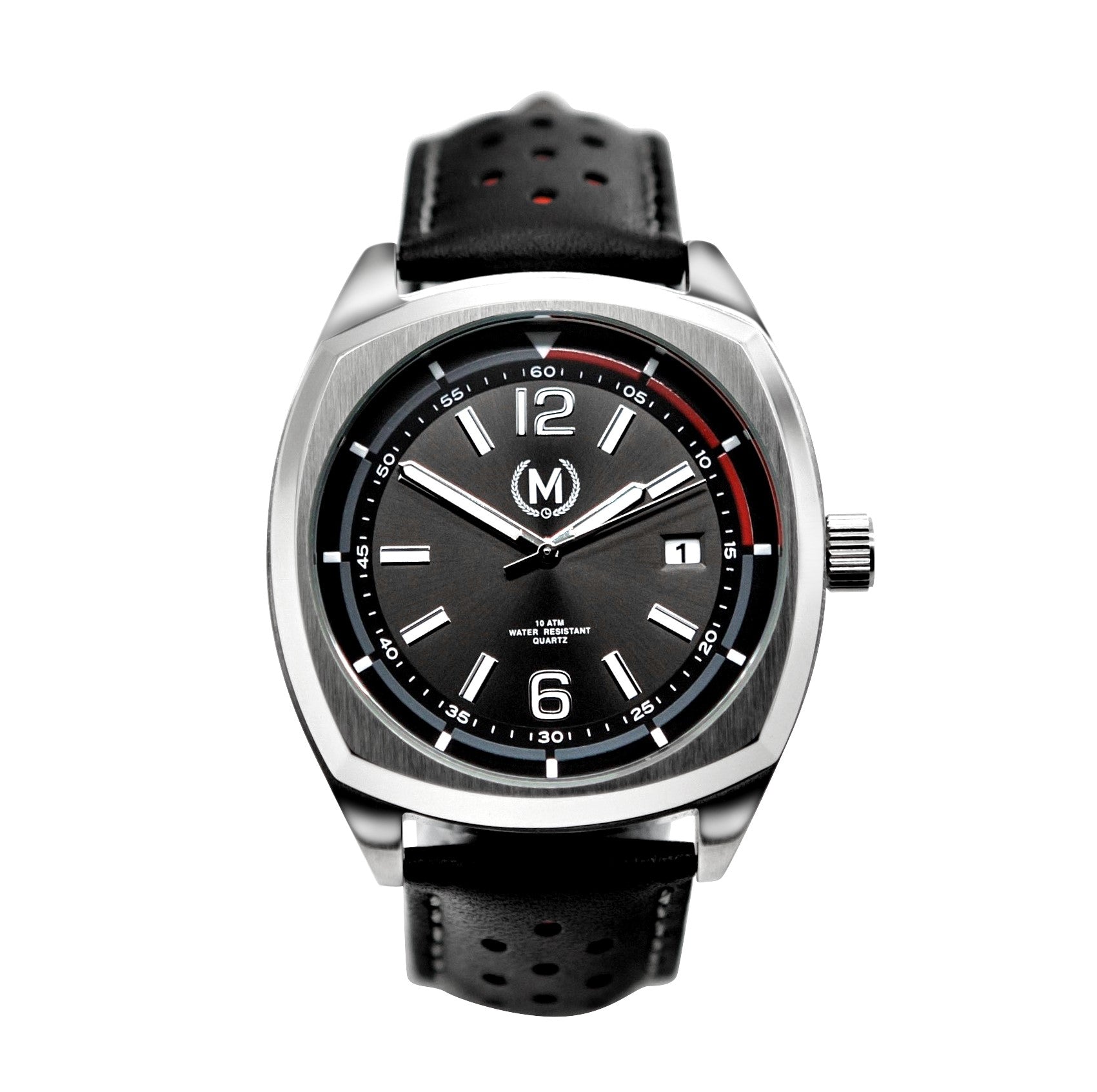 Black and Red Leather Rally Watch Strap with Silver Buckle