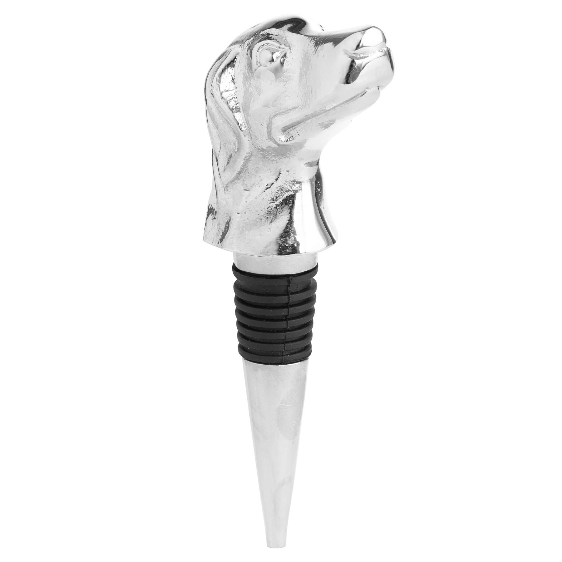 Silver nickel dog head wine bottle stopper, elegant metal pour spout with detailed canine sculpture  by RoomLondon at brixbailey.com