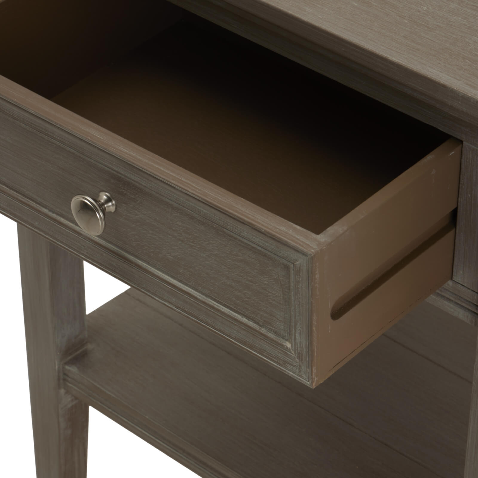 Serene oak side table with drawer, minimalist grey finish, compact for beds or entryways by Sostter at brixbailey.com