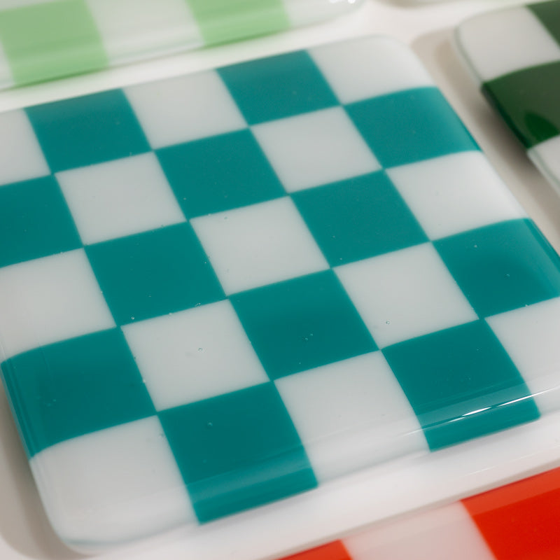 10cm Chequered Soft White Fused Glass Coaster