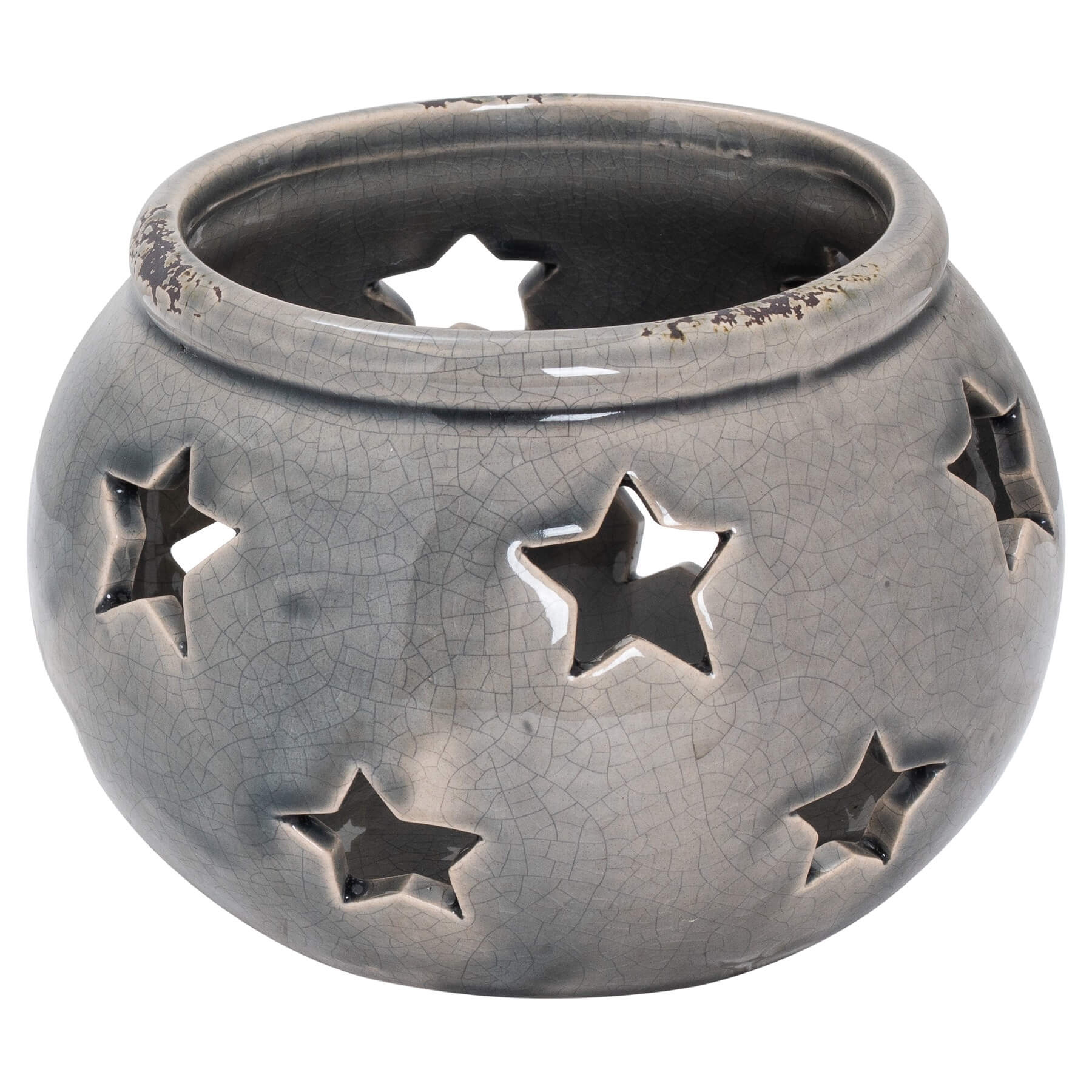 Artisanal ceramic lantern with distressed grey finish and subtle star motif, rustic yet elegant home decor piece by RoomLondon at brixbailey.com