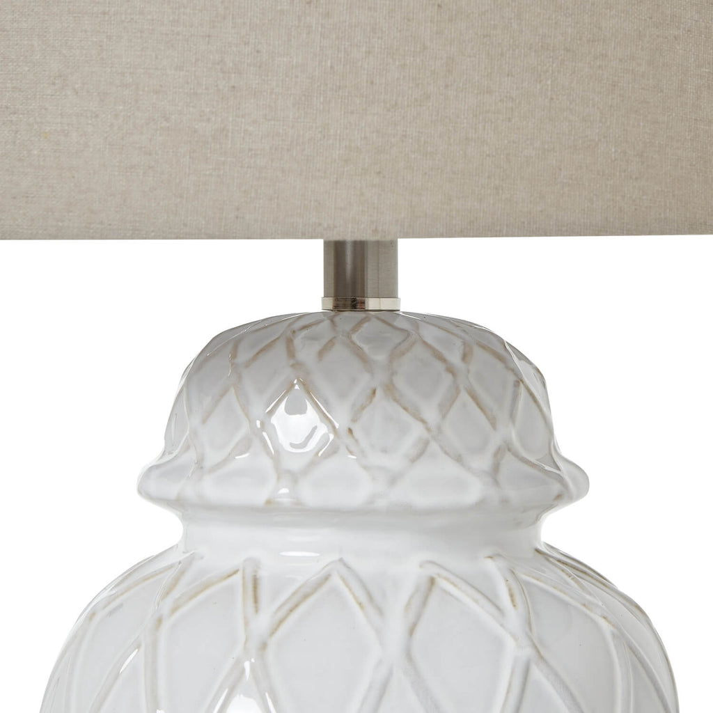 White ceramic ginger jar lamp with diamond detailing and linen shade, elegant home decor lighting by Sostter at brixbailey.com