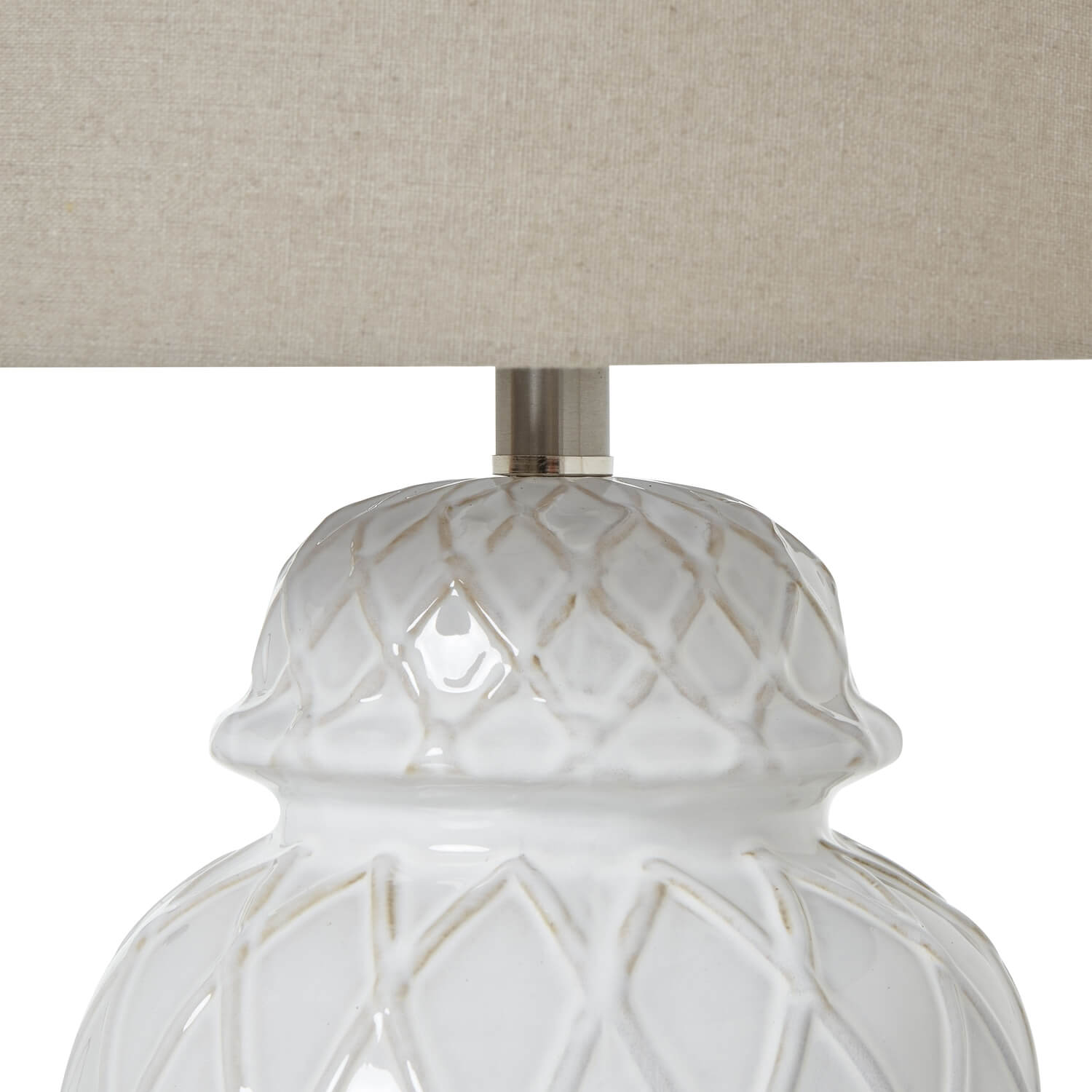 White ceramic ginger jar lamp with diamond detailing and linen shade, elegant home decor lighting by Sostter at brixbailey.com