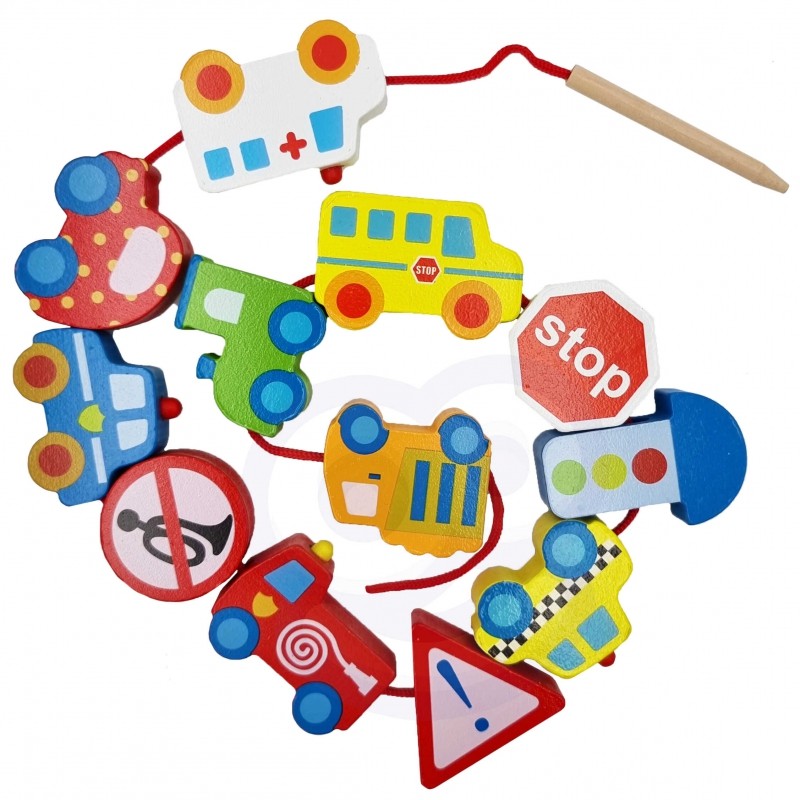 functional wooden threading blocks for kids with a tractor and fire engine on a natural wood table