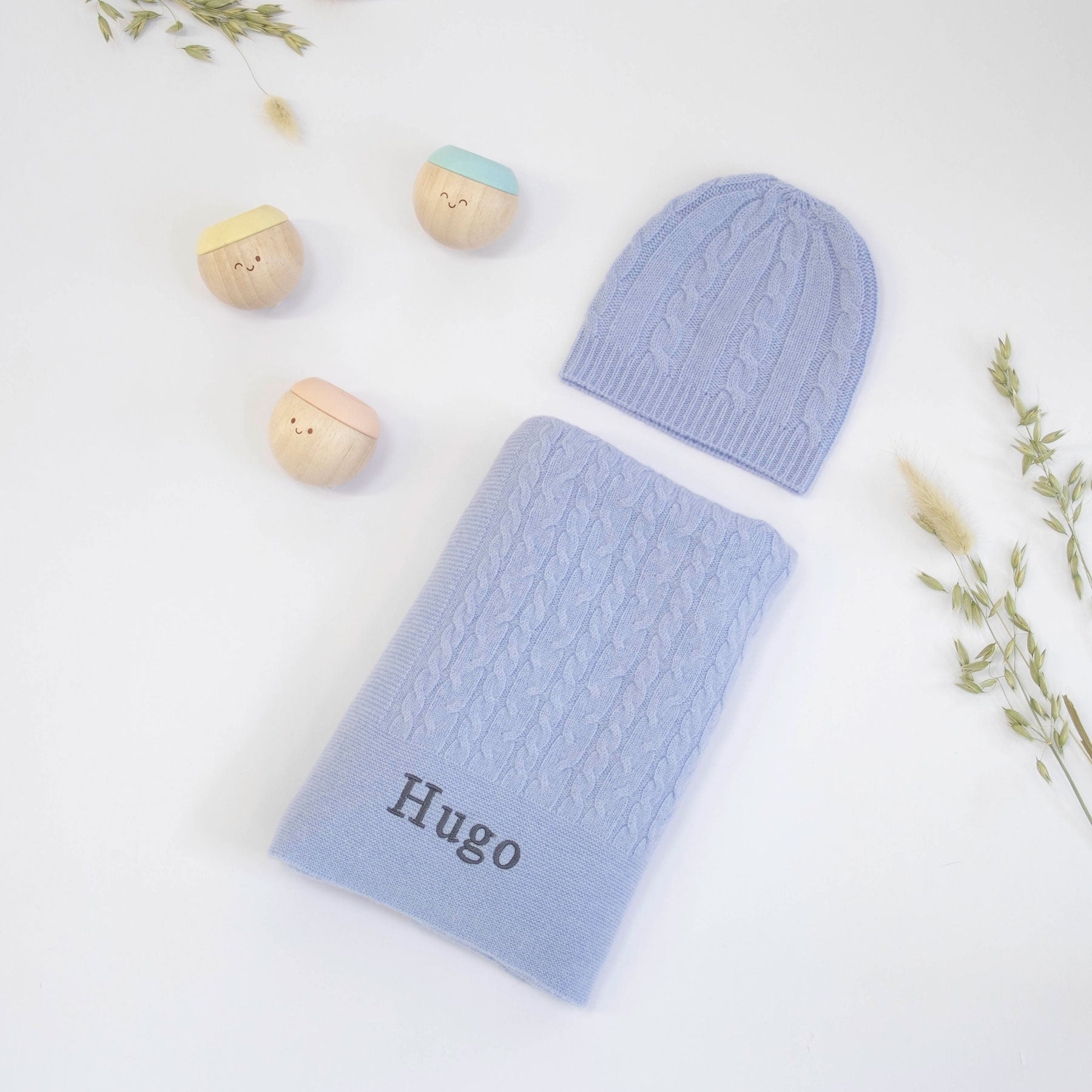 Cable Knit Cashmere Gift Set in Cornflower Blue with Sensory Balls