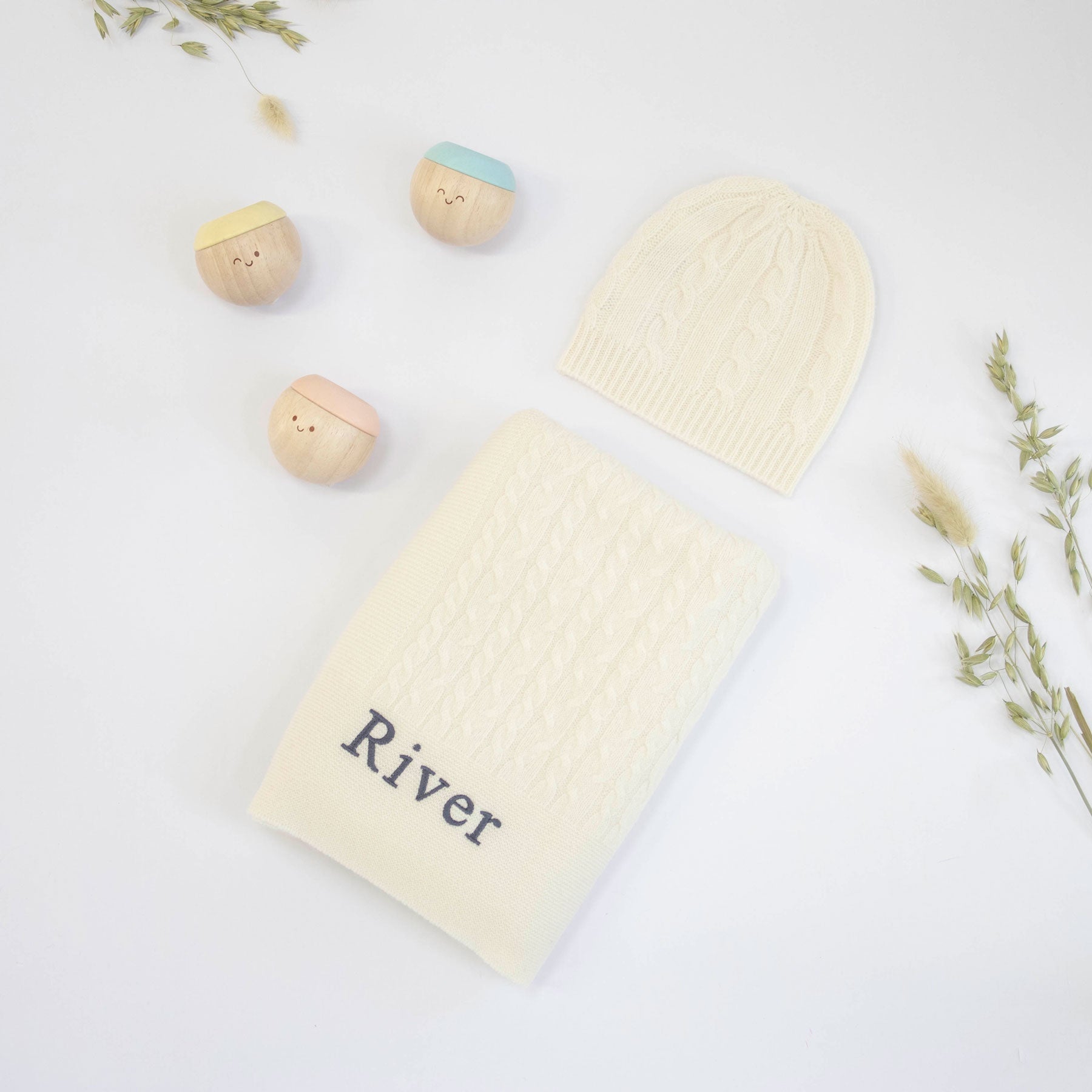 Cable Knit Cashmere Blanket Hat and Sensory Balls Gift Set in Ivory