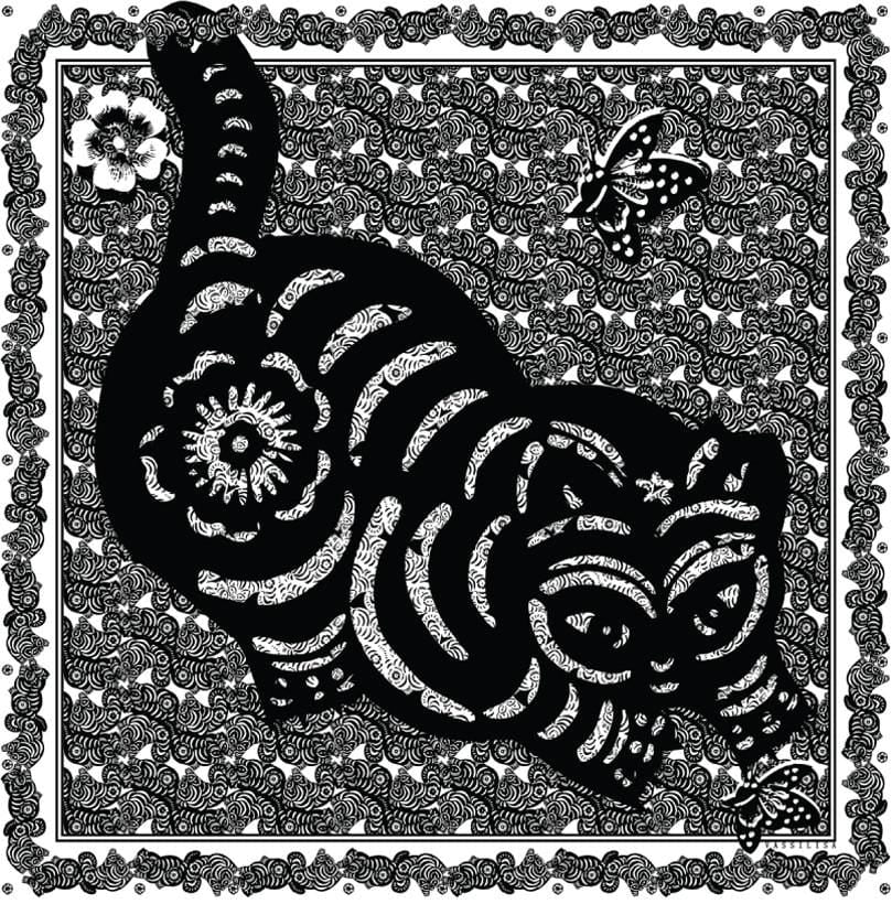 Black and White Cat Butterfly Print Scarf 140x140cm
