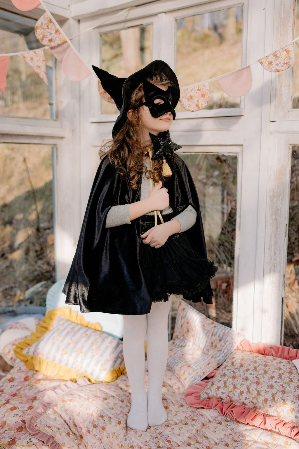 black glittery cat mask for kids, soft velvet with sequins, perfect for halloween or dress-up play