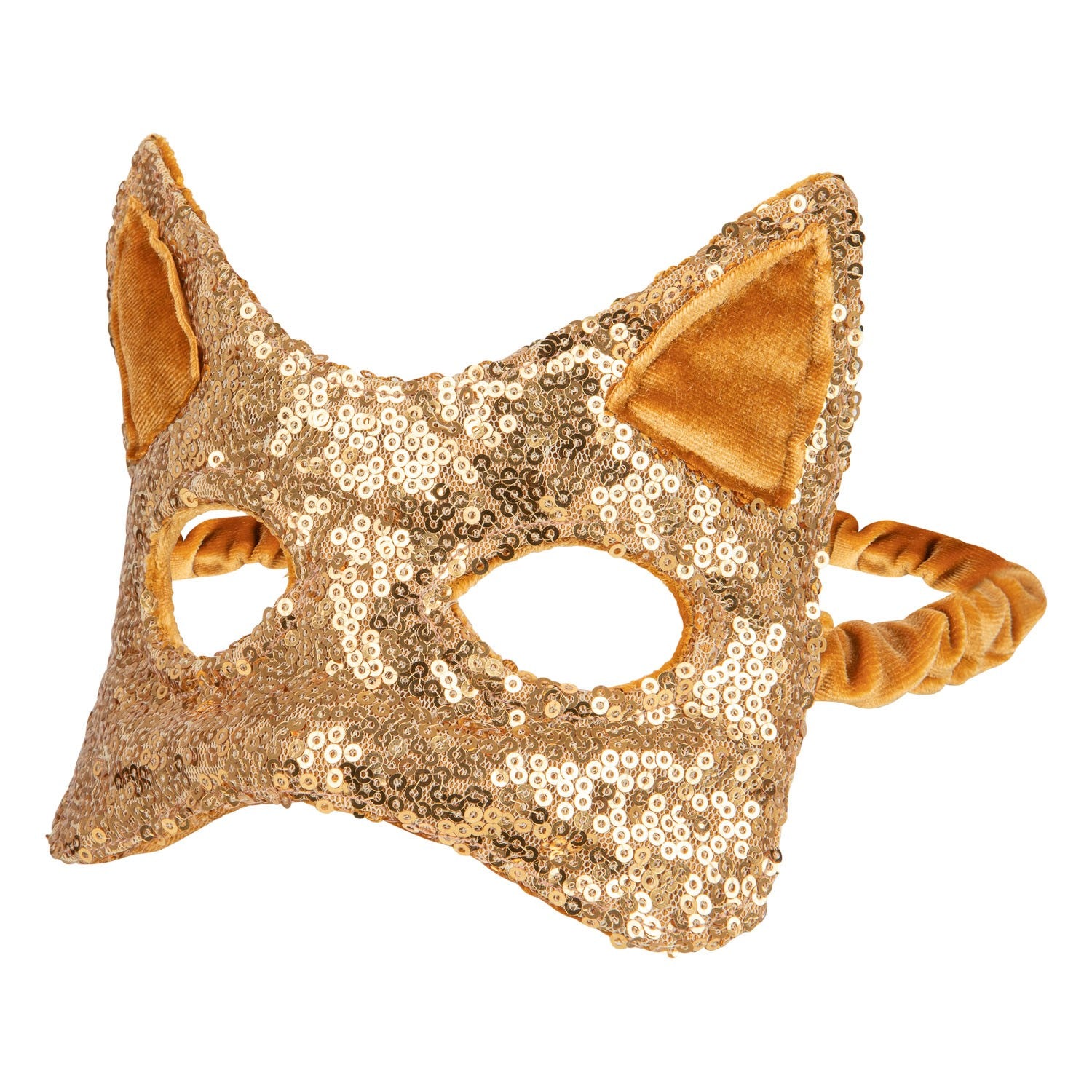 bold glittery gold cat mask for kids with sparkling sequins on a dark background
