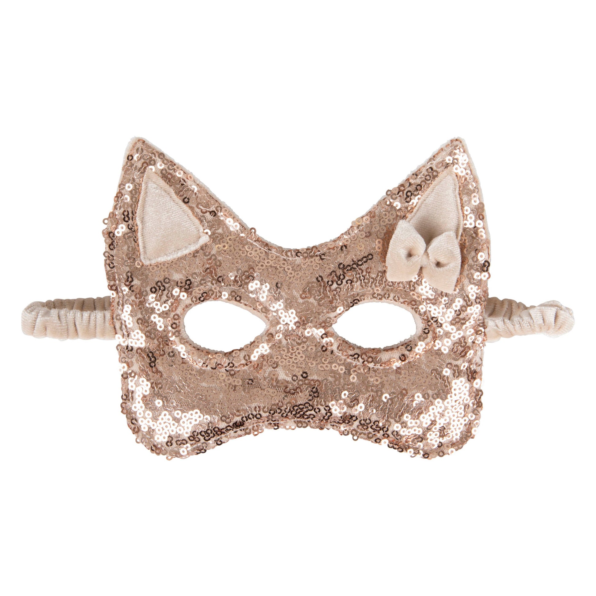 bold rose gold sequin cat mask for kids, sparkling under dramatic studio lighting
