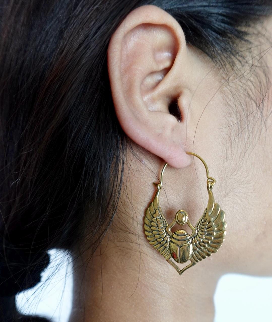 Scarab Wings Hoops Egyptian Inspired Double Sided Brass Beetle Earrings