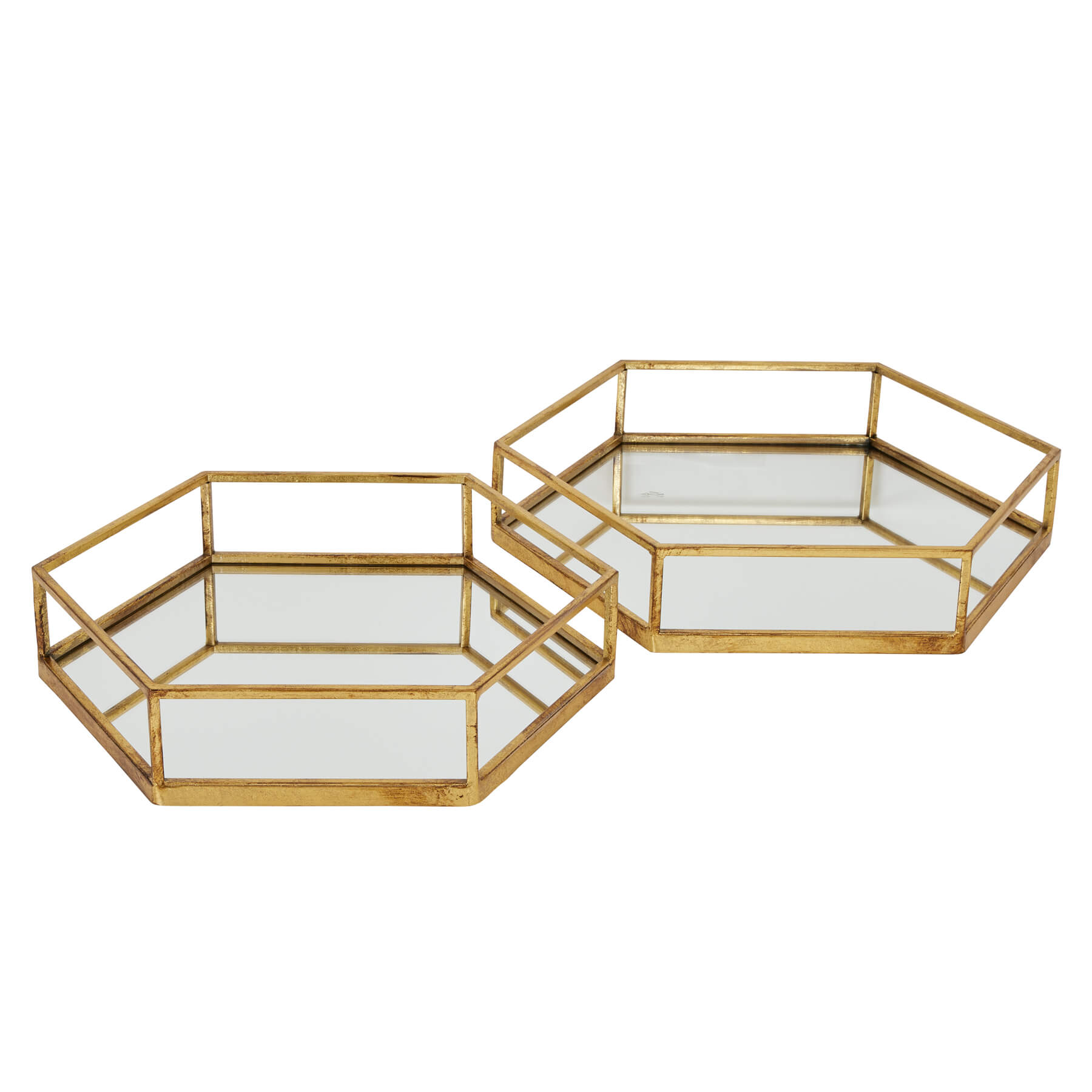 Gold-accented hexagonal glass serving trays, nested set of two for elegant table decor by Sostter at brixbailey.com