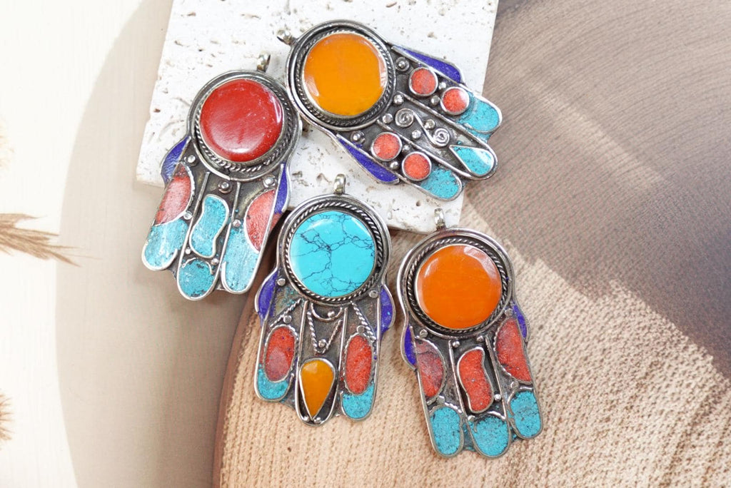 Silver Plated Hamsa Pendant with Gemstones