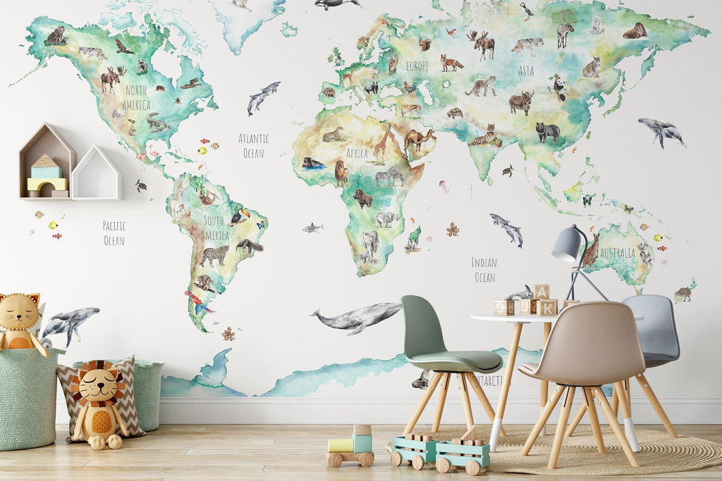 Wildlife World Map Mural Wallpaper for Children