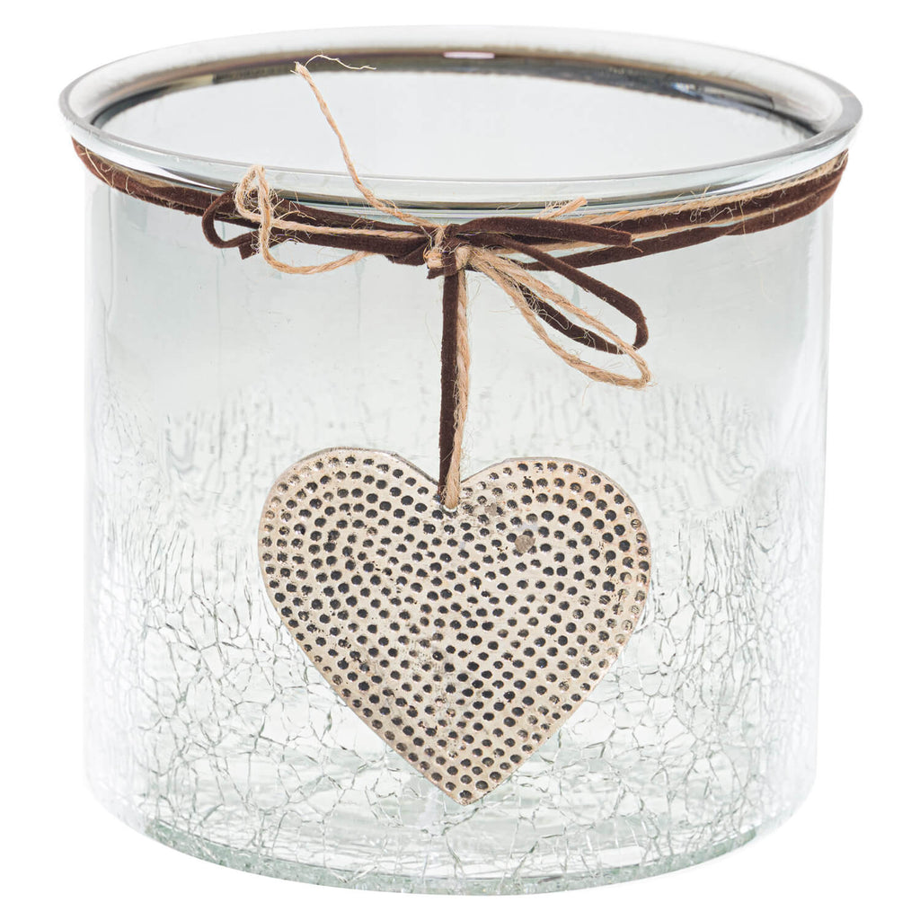 Midnight ombre glass vessel with crackled texture, hand-hammered heart charm, and faux leather cord for candles or decor. by RoomLondon at brixbailey.com