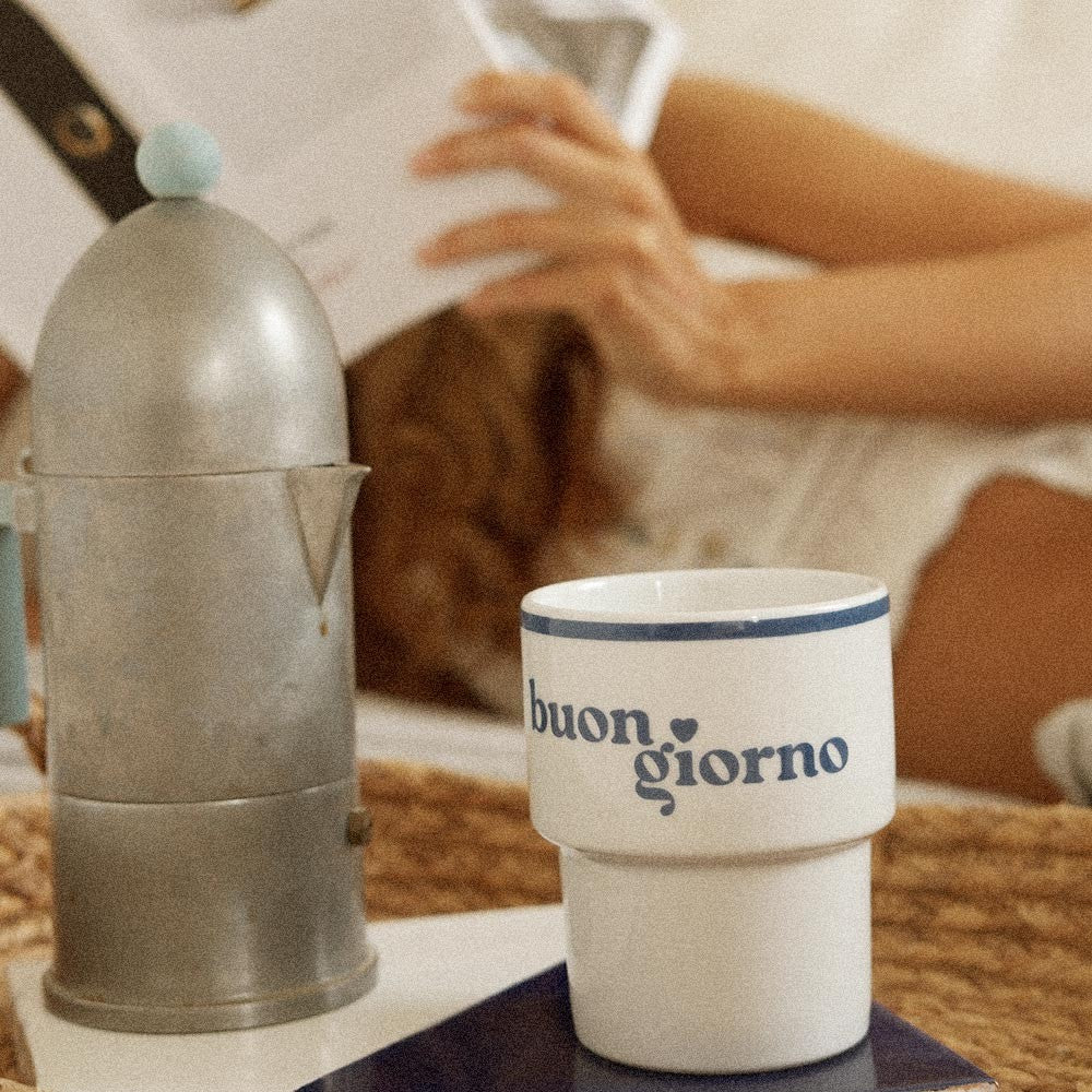 a soft-lit side view of the buongiorno ceramic mug with a comforting morning glow