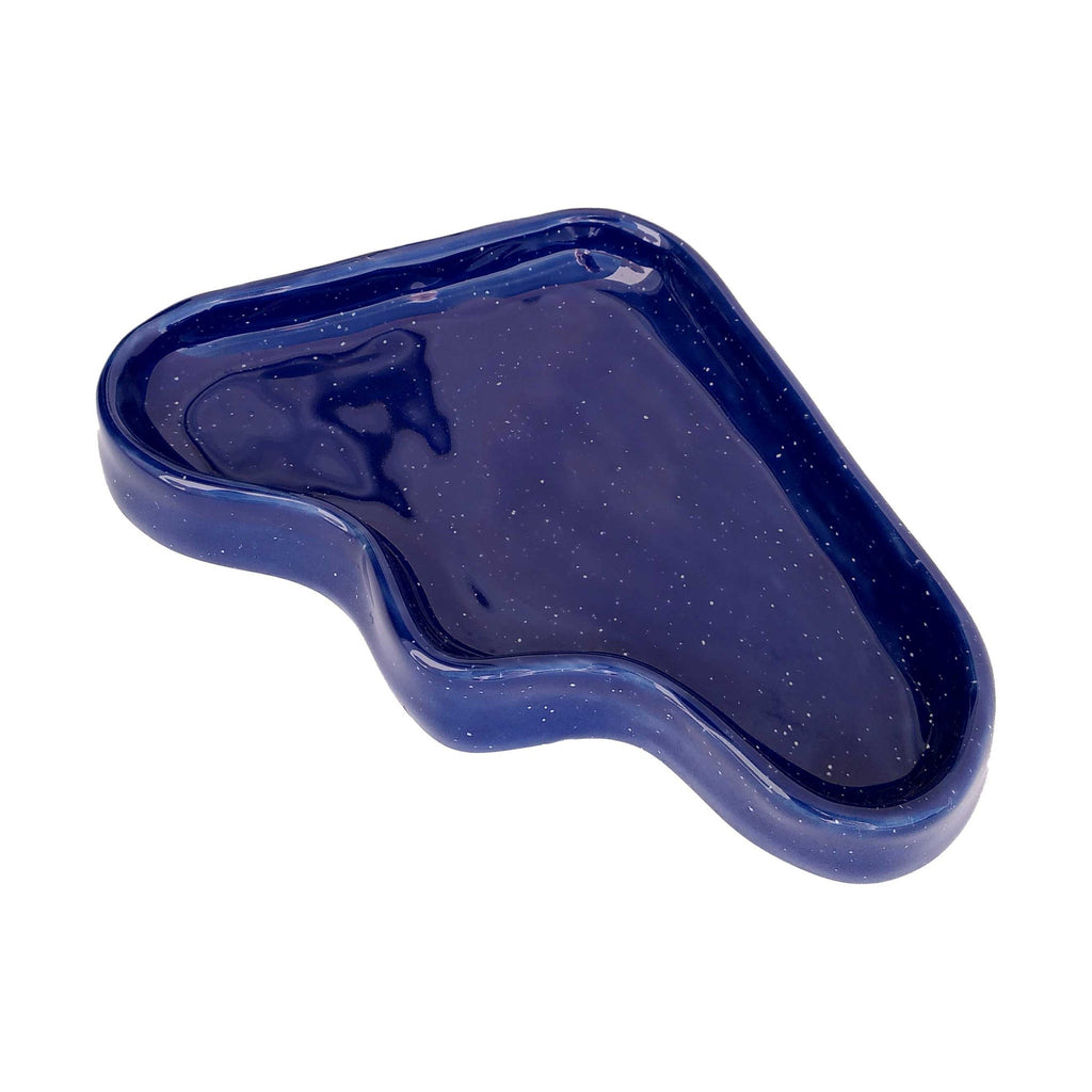 bold statement triangle ceramic wave tray in deep speckled blue glaze