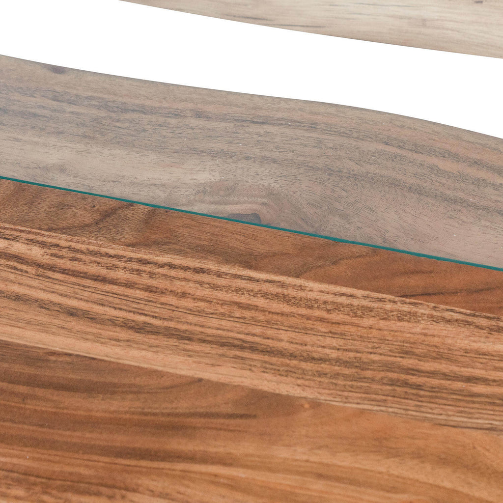 Live edge river dining table with tempered glass center and warm brown wood, modern rustic design. by RoomLondon at brixbailey.com
