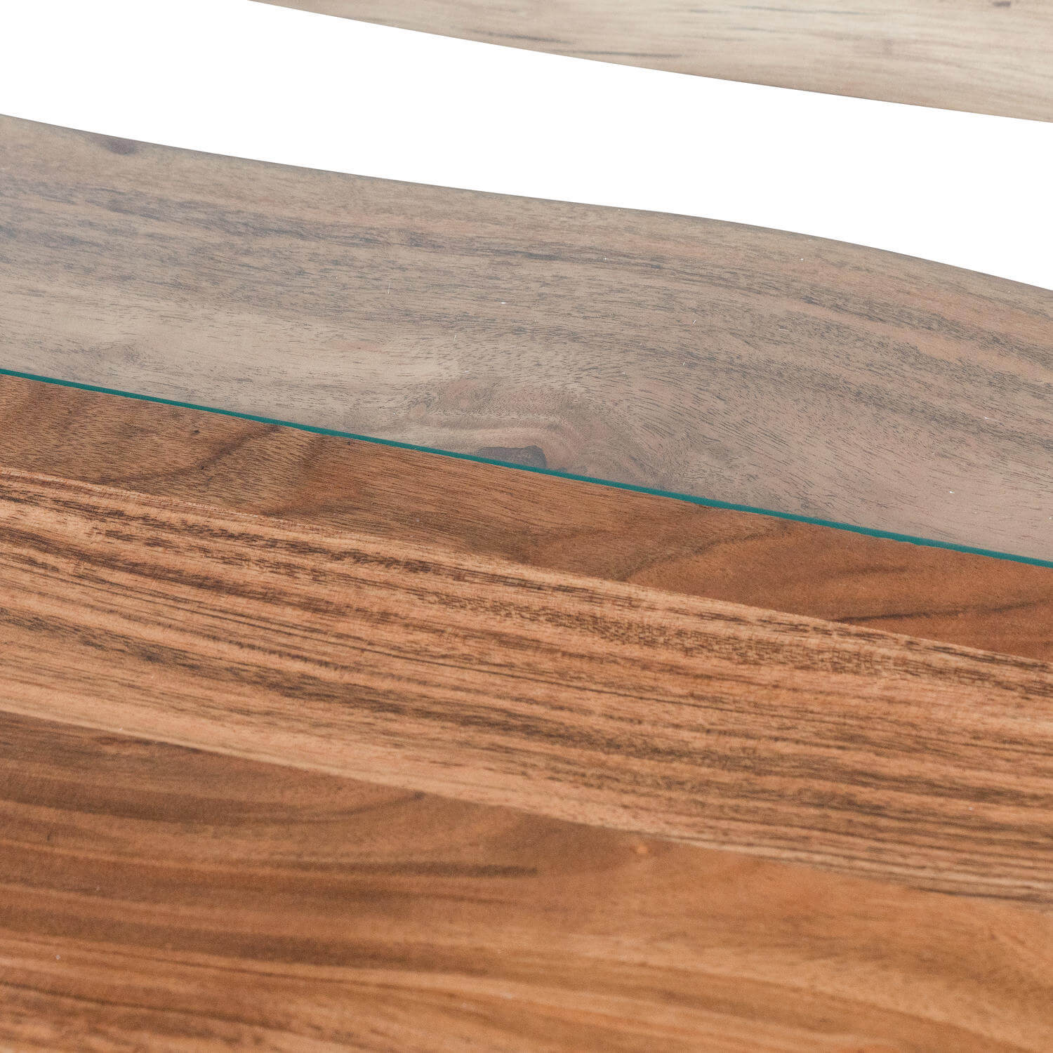 Live edge river dining table with tempered glass center and warm brown wood, modern rustic design. by RoomLondon at brixbailey.com