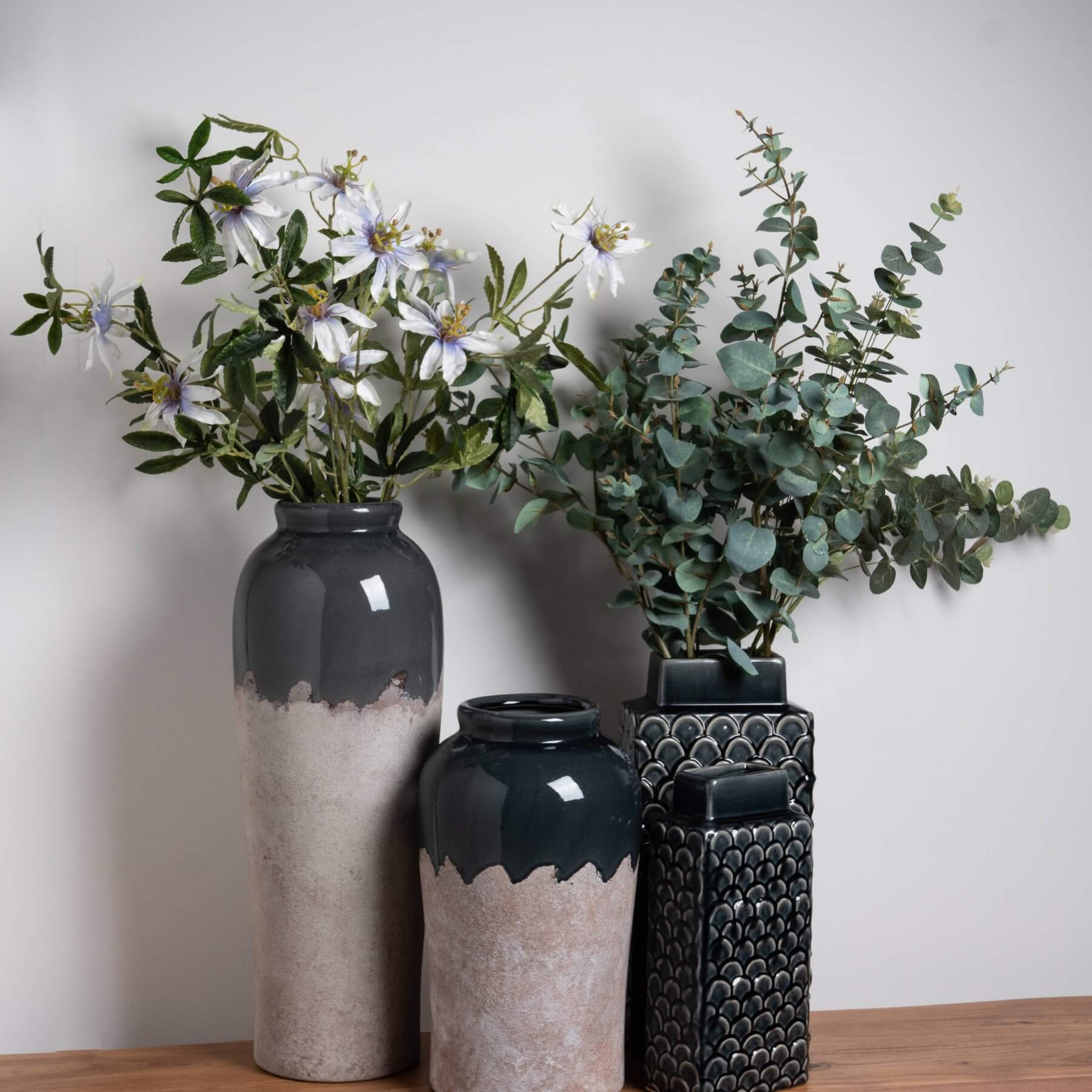 Handcrafted Mediterranean blue ceramic vase with intricate patterns, rectangular shape, 32cm height, for home decor. by RoomLondon at brixbailey.com