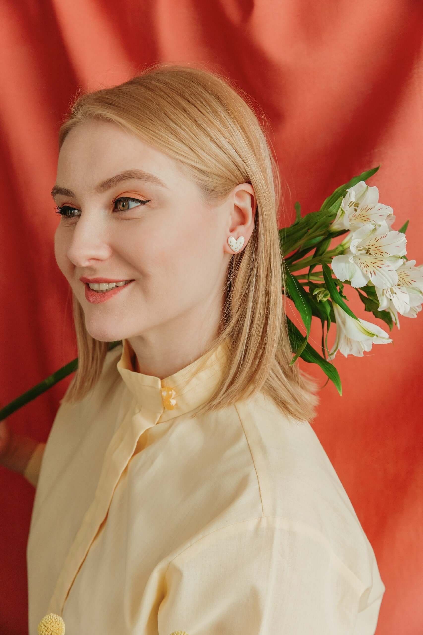 Dotted Porcelain Heart Studs -  White