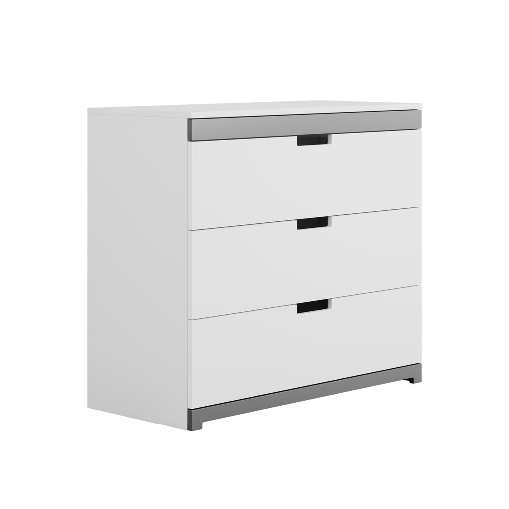 playful kids' dresser with three white drawers and a fun grey accent, ready for toys