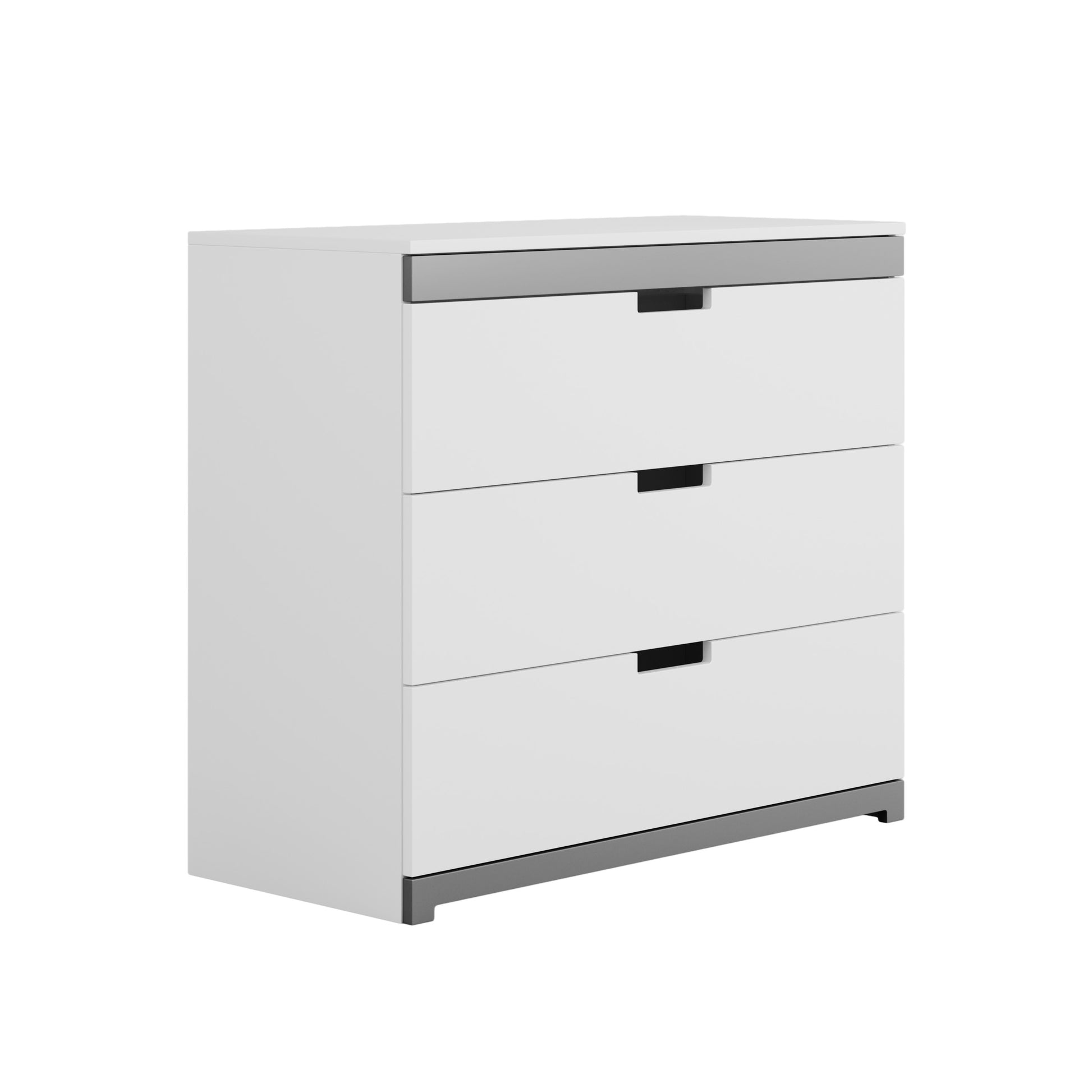 playful kids' dresser with three white drawers and a fun grey accent, ready for toys