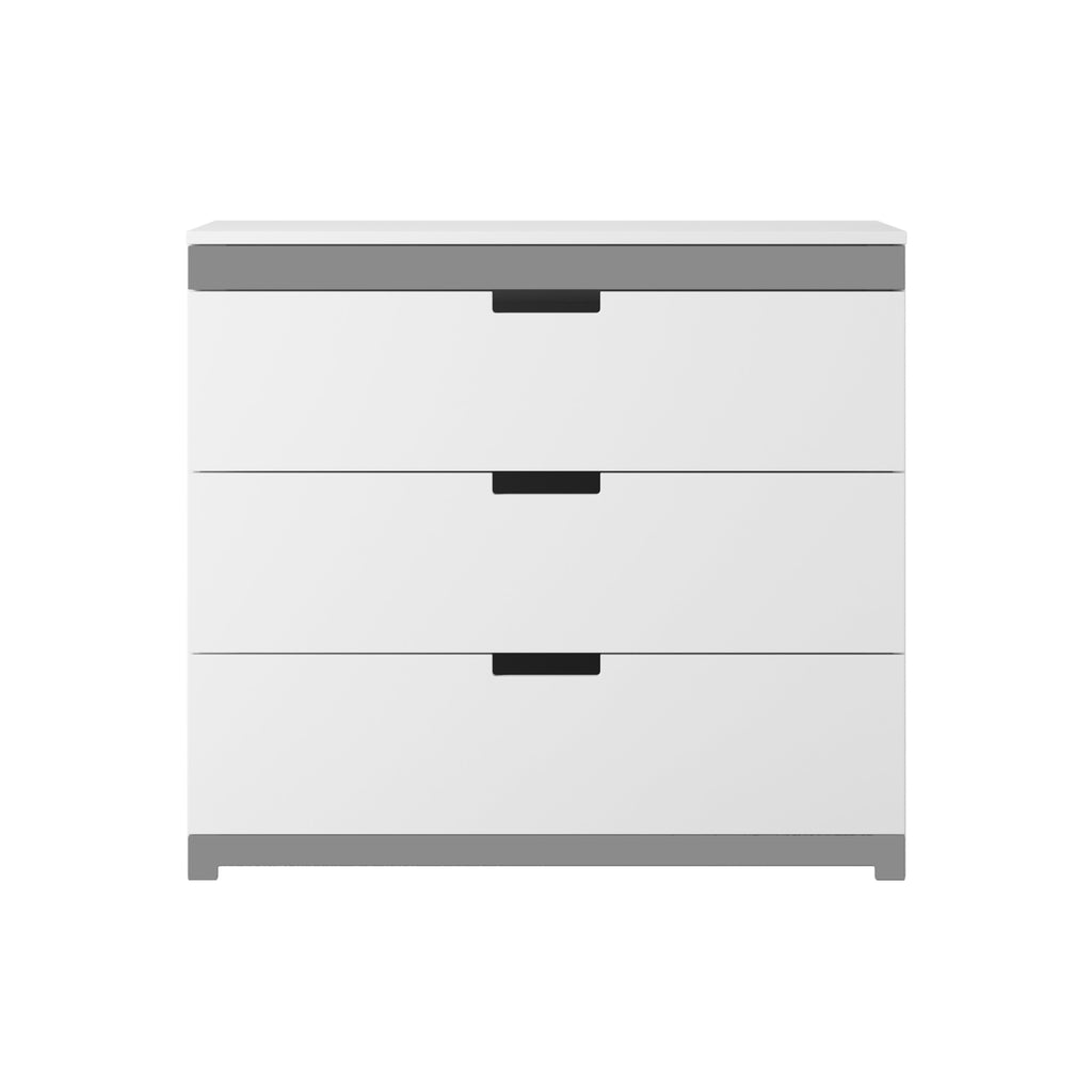 elegant white tomi chest of drawers with grey detail in a refined nursery setting