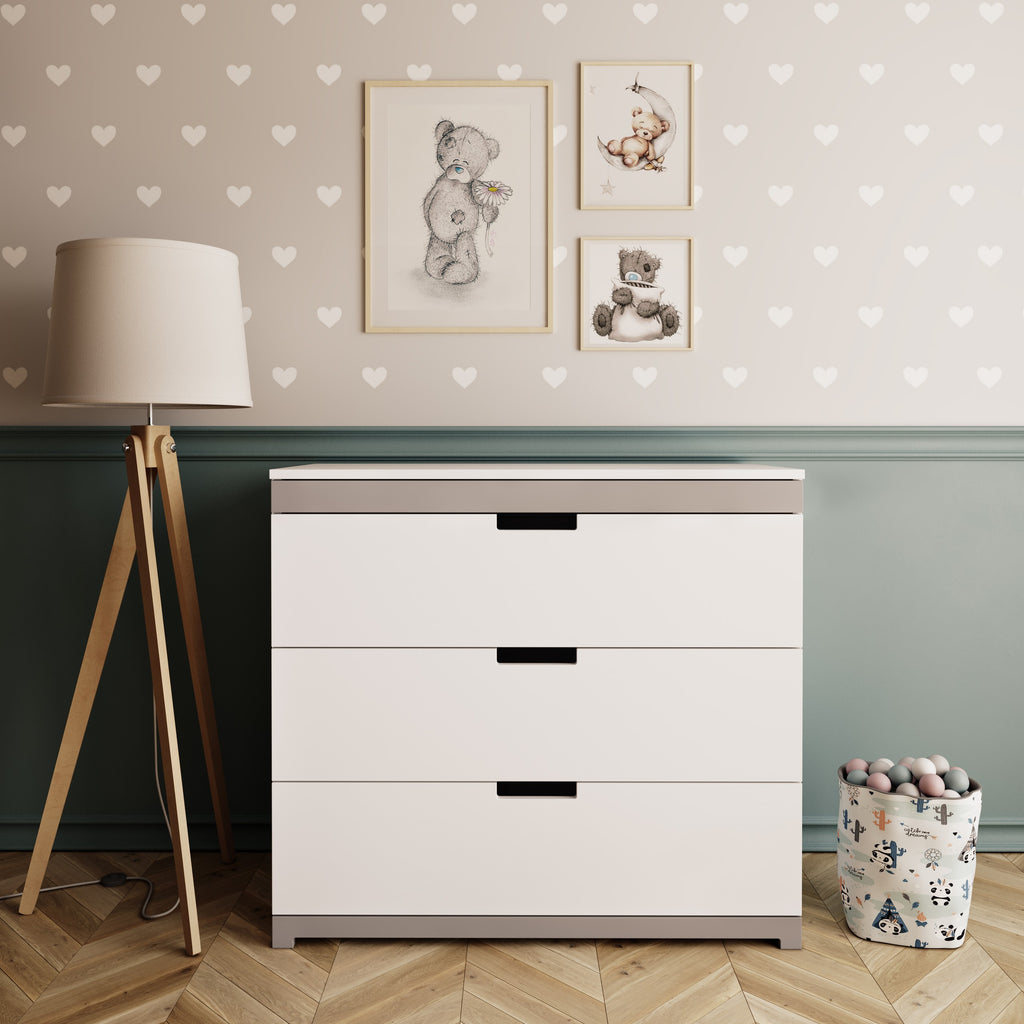 bold modern tomi chest of drawers in a vibrant kids room with three smooth-gliding drawers