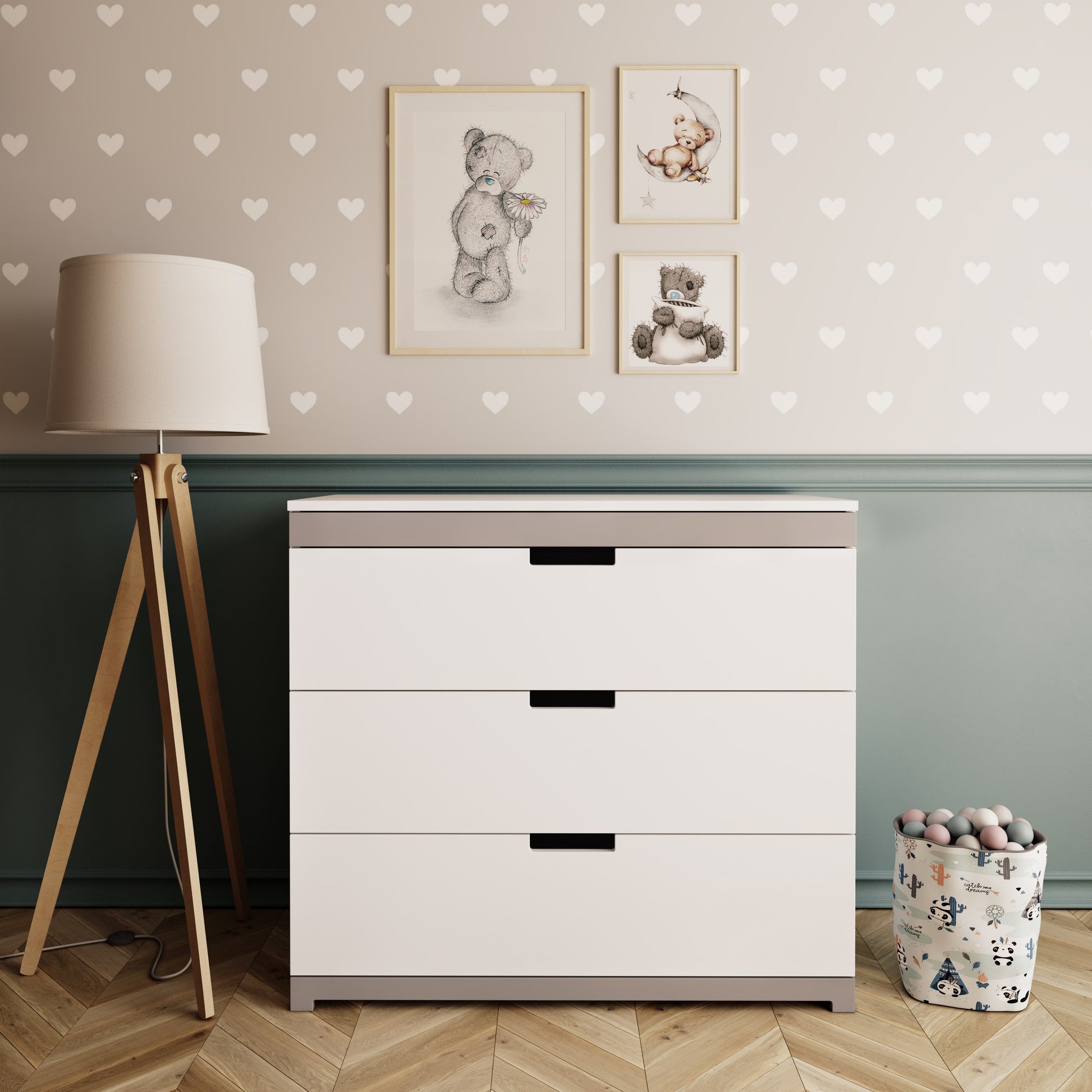 bold modern tomi chest of drawers in a vibrant kids room with three smooth-gliding drawers