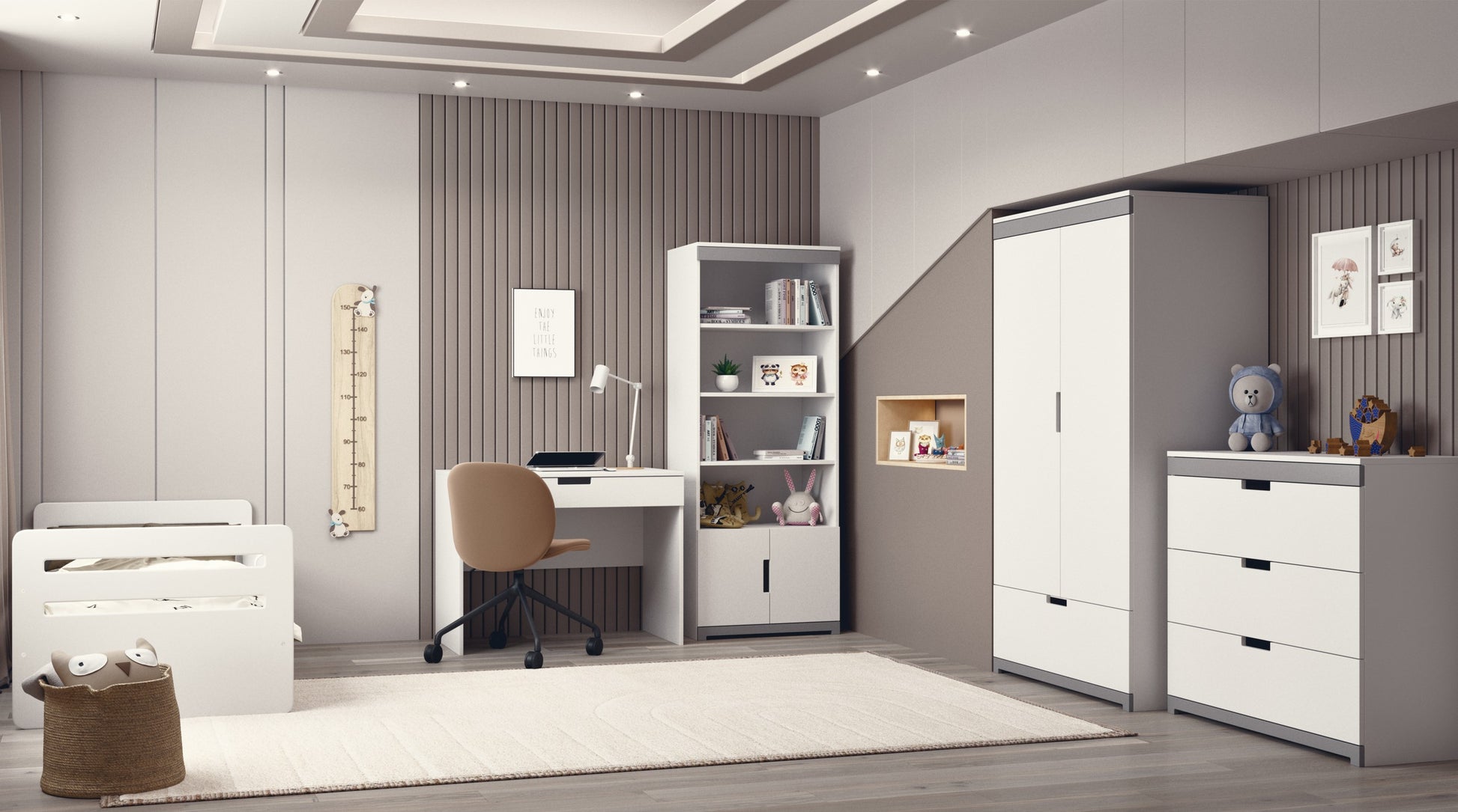 tomi 3-drawer chest in a bright nursery with soft morning light highlighting its smooth white finish and grey details