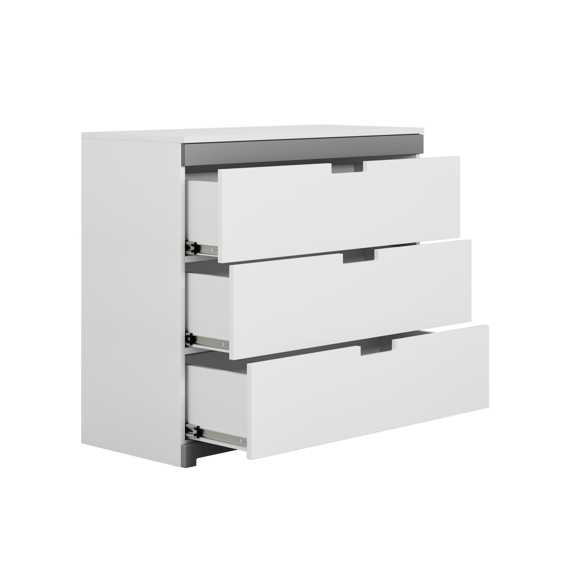 tomi 3-drawer chest in a bright nursery with morning light highlighting its smooth white finish and grey decorative panel