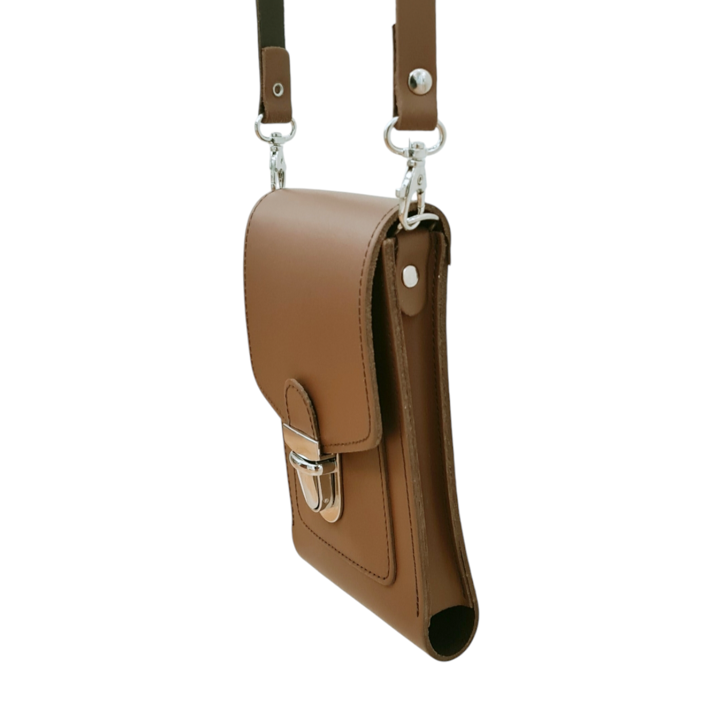 Leather Push Lock Crossbody Phone Case in Chestnut