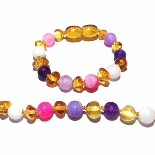 Child Amelie Pink Purple Agate Honey Baltic Amber Anklet