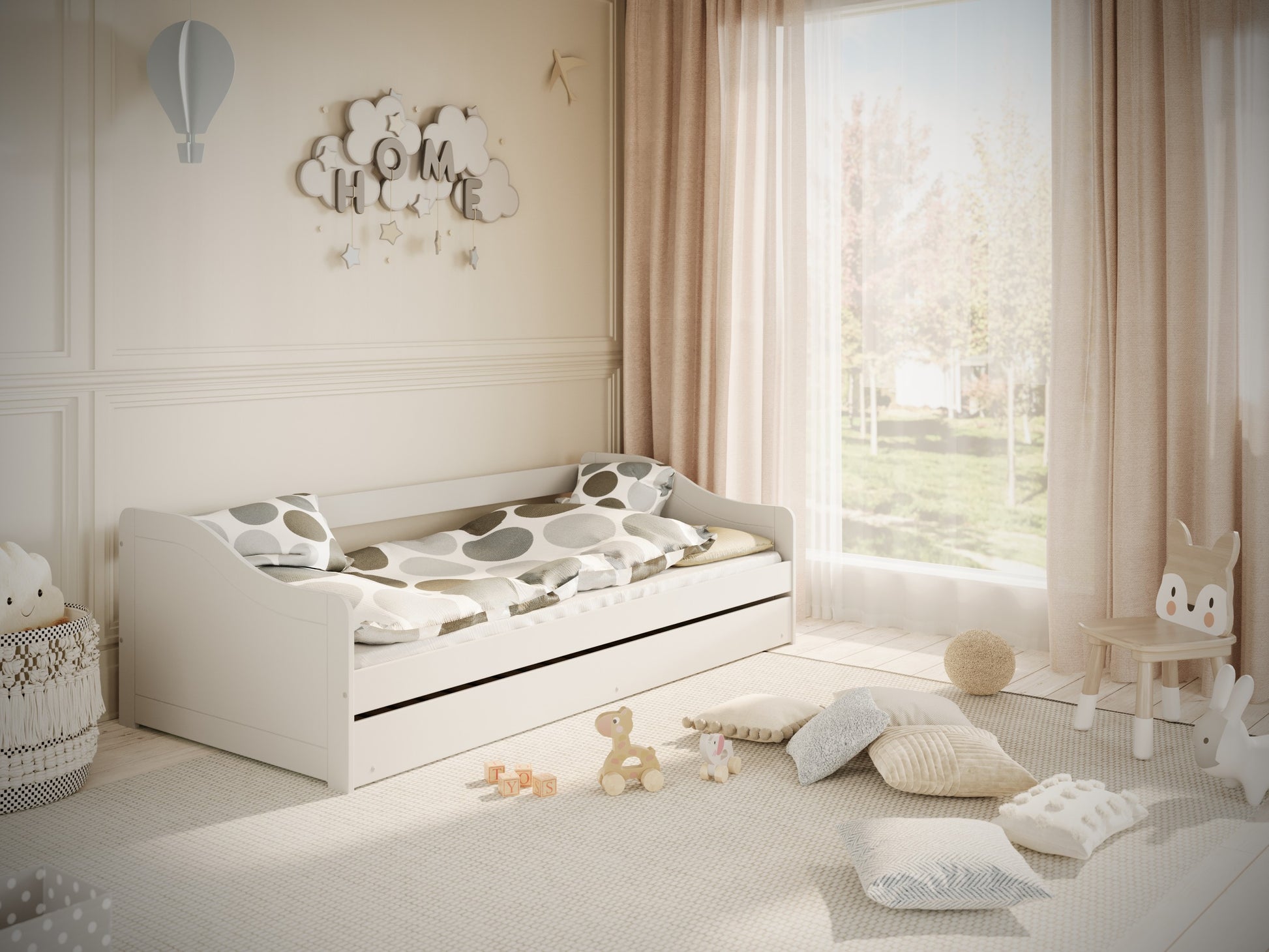 bold front view of the blanka kids bed in white with open shelves and drawers