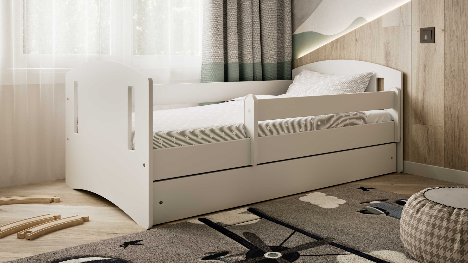 bold white classic children's bed with a secure guardrail and clean modern lines