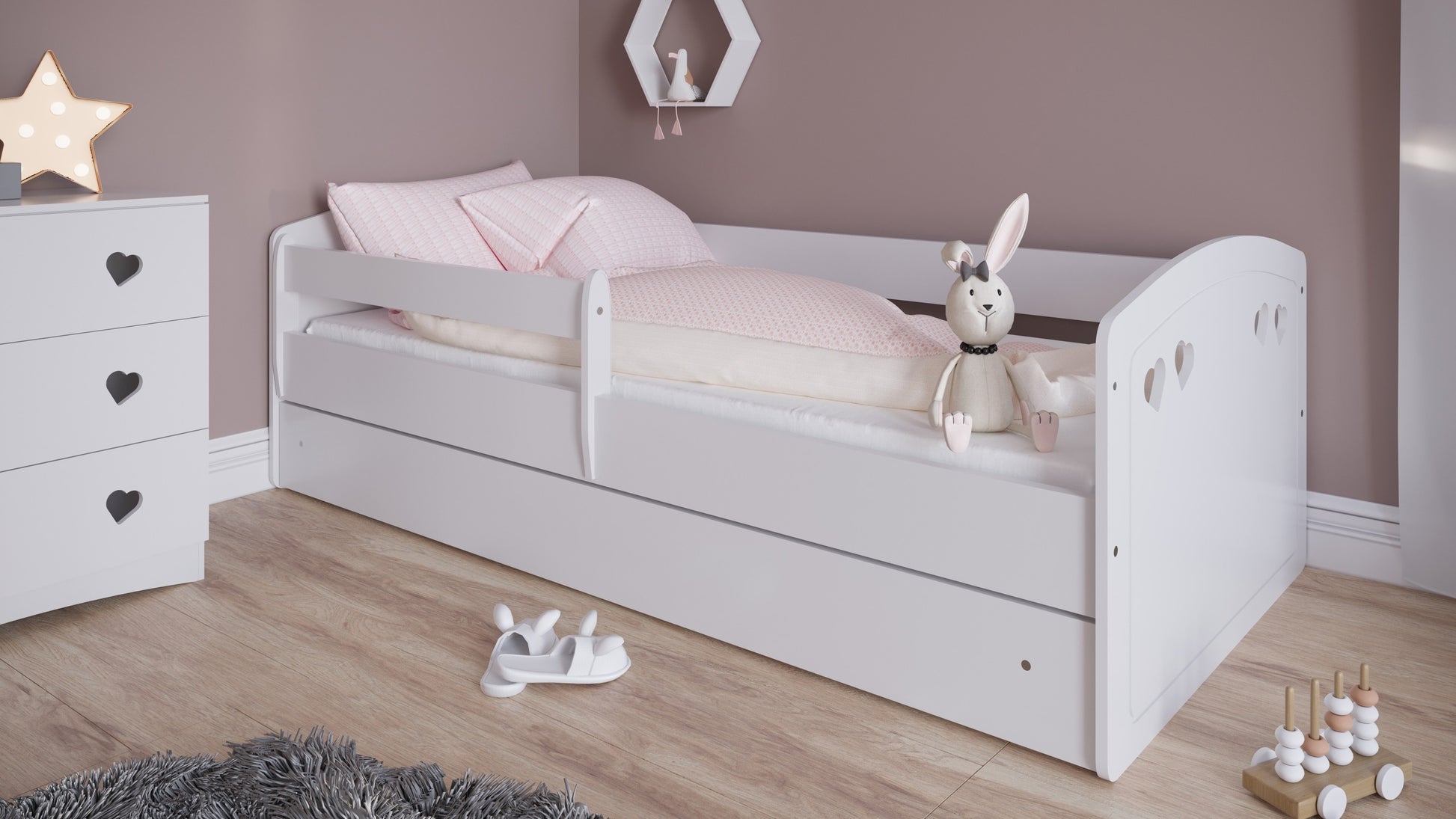 functional white julia kids bed with optional storage drawer for toy organization