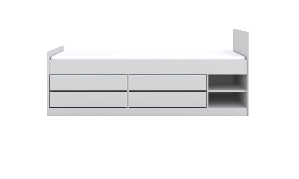 playful white leon kids bed with open shelves showcasing colorful toys and books