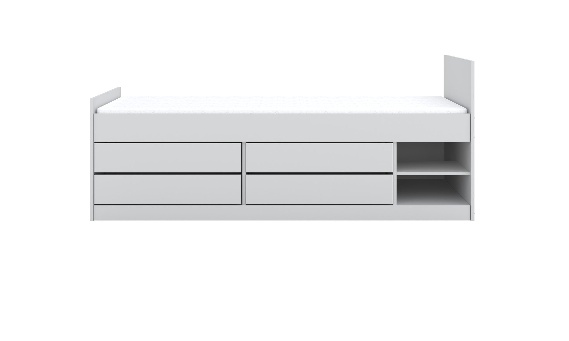 playful white leon kids bed with open shelves showcasing colorful toys and books