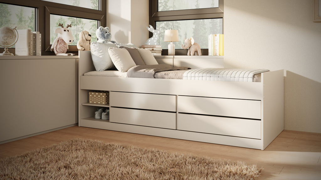 bold white leon kids bed with open shelves and drawers for smart storage