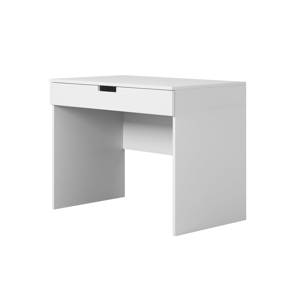 softly lit white tomi kids desk with a spacious drawer for art supplies
